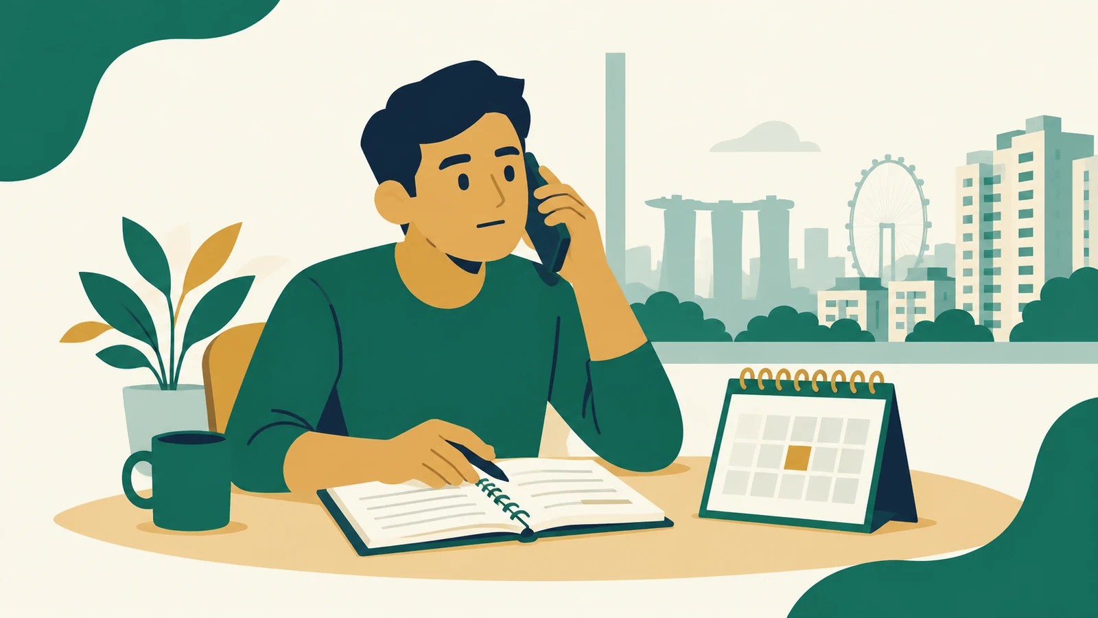 Borrower calling their lender while reviewing a repayment calendar and budget