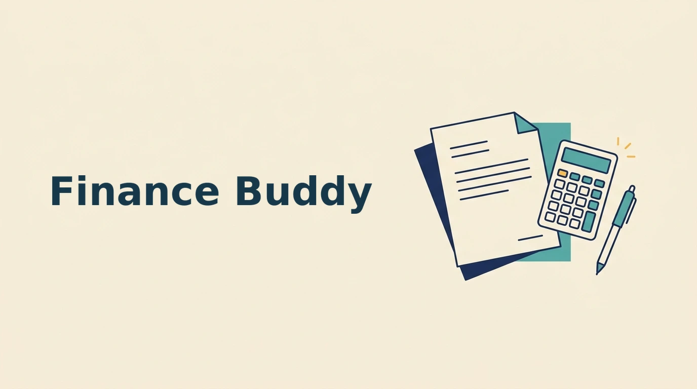 Finance Buddy name with a simple document and calculator illustration